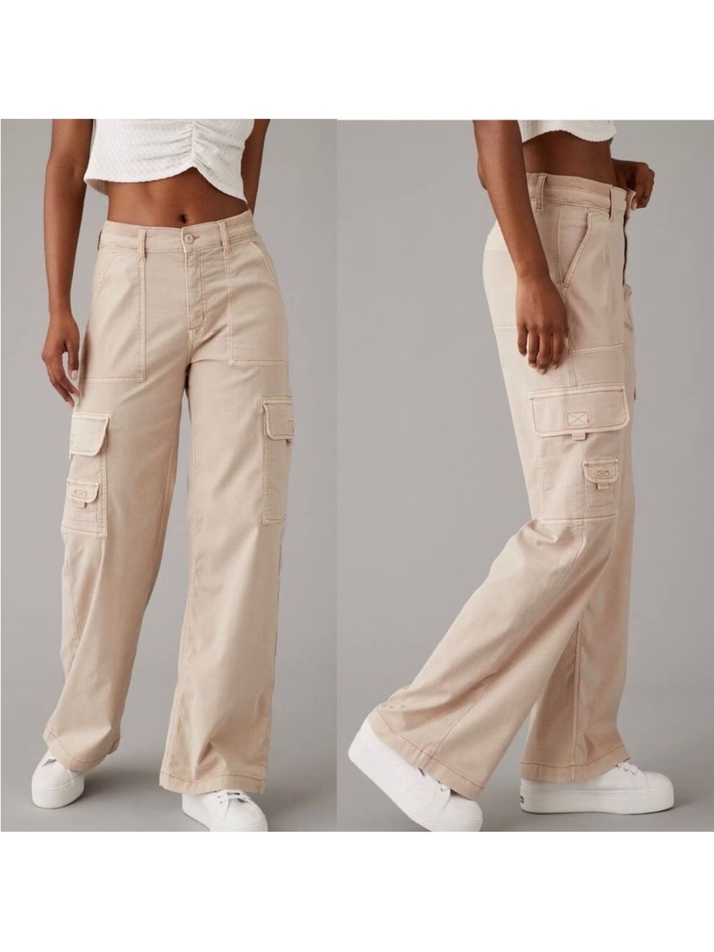 American Eagle Outfitters Ivory Beige Baggy Wide Leg Cargo Pants W Drawstring 4